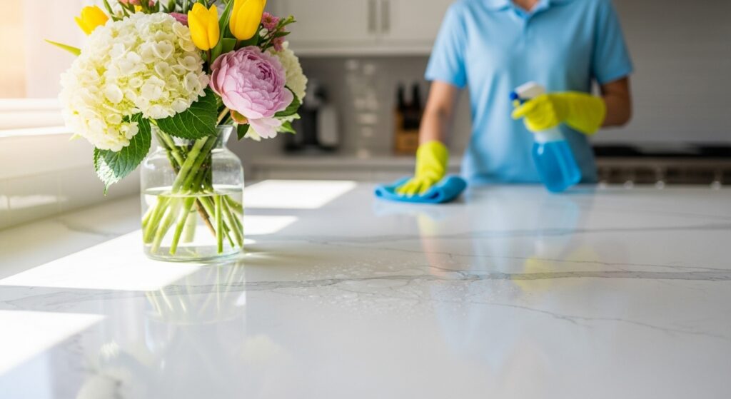 A sparkling clean kitchen counter with fresh flowers after a professional house cleaning service in New Jersey.